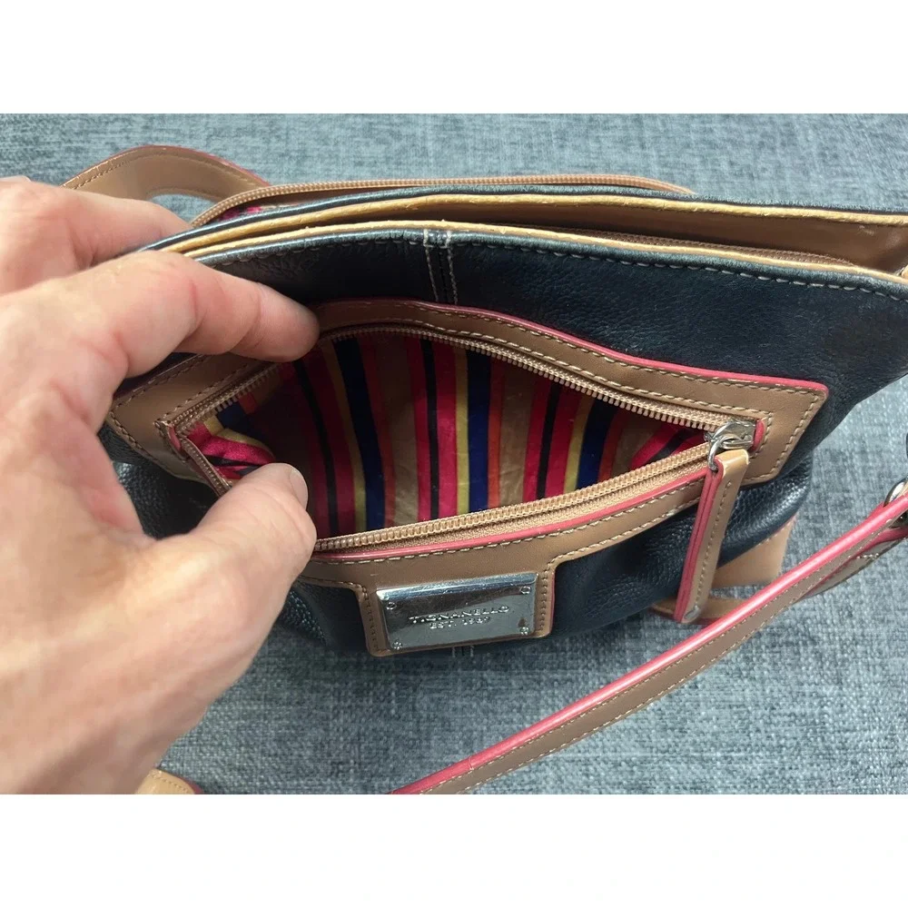 Tignanello Black Tan Leather Crossbody Bag Silver Hardware Striped Lining